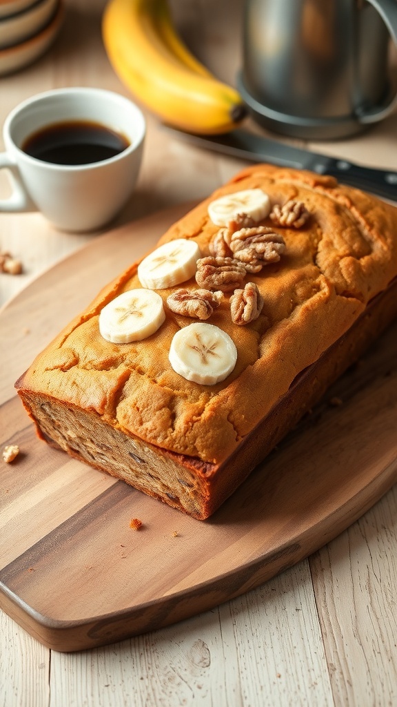 Moist Banana Bread Without Milk Recipe A golden-brown loaf of banana bread with banana slices and walnuts on a cutting board.